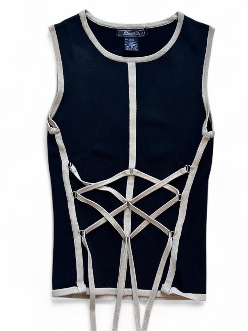 90s Vintage black tank with cream contrast straps Lace Up